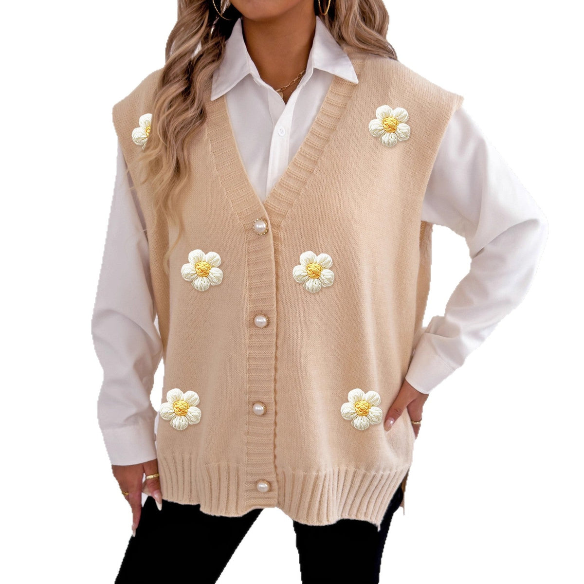 Women's Pearl Button Cardigan Crocheted Stitching Sweater Vest