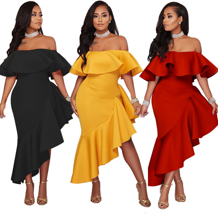 One-line Neck Ruffled Backless Ladies Dress Dress Long Skirt