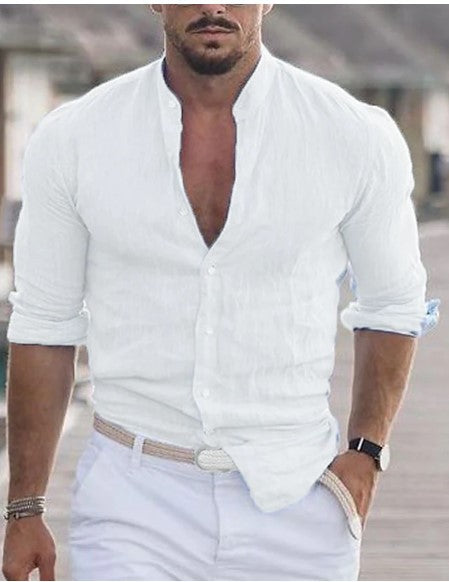Men's Long Sleeve Shirt With Button Casual Solid Color Tops For Spring Autumn