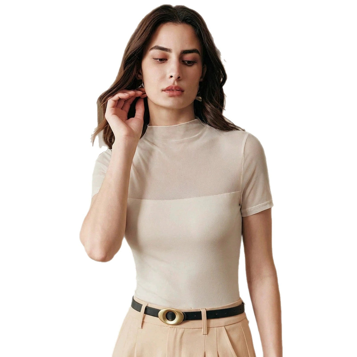 Solid-color Mesh Patchwork Spicy Chic Figure-flattering Sheer Short Sleeves