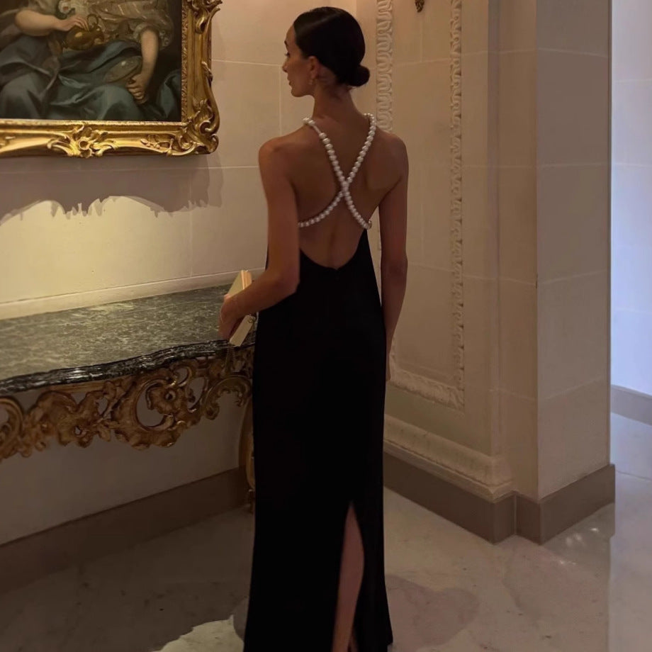 French Sexy Black Premium Halter Backless Dress Birthday Party
