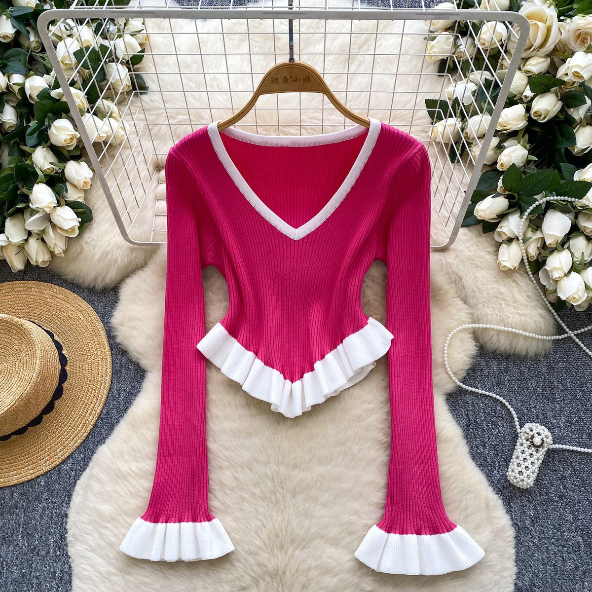 Contrast-color Ruffled Striped Knit Sweater