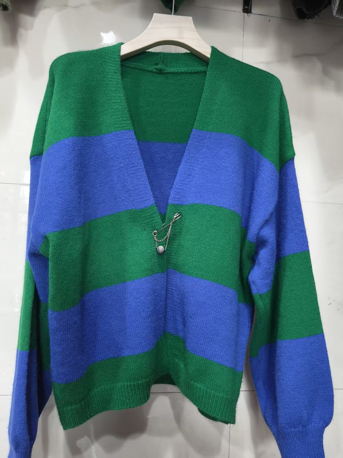 European And American Style Contrast Color Striped Cardigan Women's Loose Long Sleeve Sweater Coat
