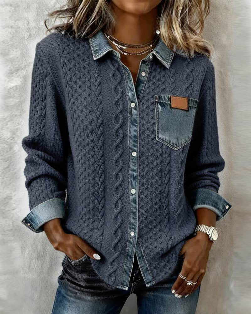 Women's Knit & Denim Patchwork Shirt | Loose Fit Casual Top