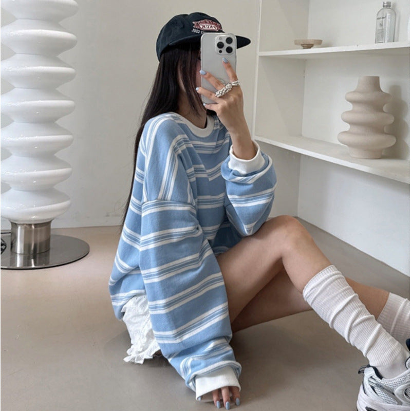 Korean Retro Preppy-Style Striped Long-Sleeve Sweatshirt