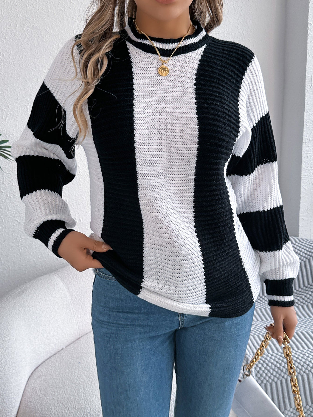 Women Casual Color Block Stripe Lantern Sleeve Pullover Sweater