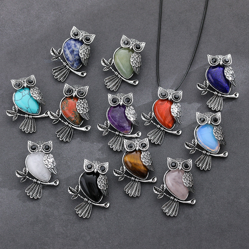 Natural Stone Crystal Pendant Owl Pendant Alloy Accessories Necklace