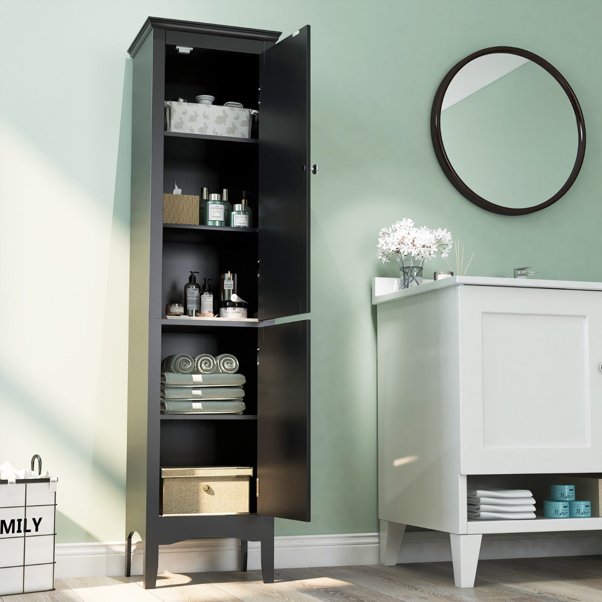 Tall Narrow Bathroom Cabinet-Black