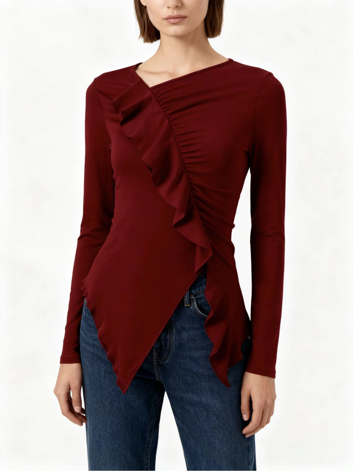 Pleated Ruffled Edge Square Neck Long Sleeve Base Shirt