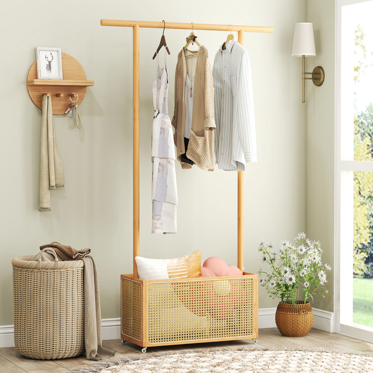 Bamboo Clothes Rack 2-In-1 Clothing Hanging Rail-Brown