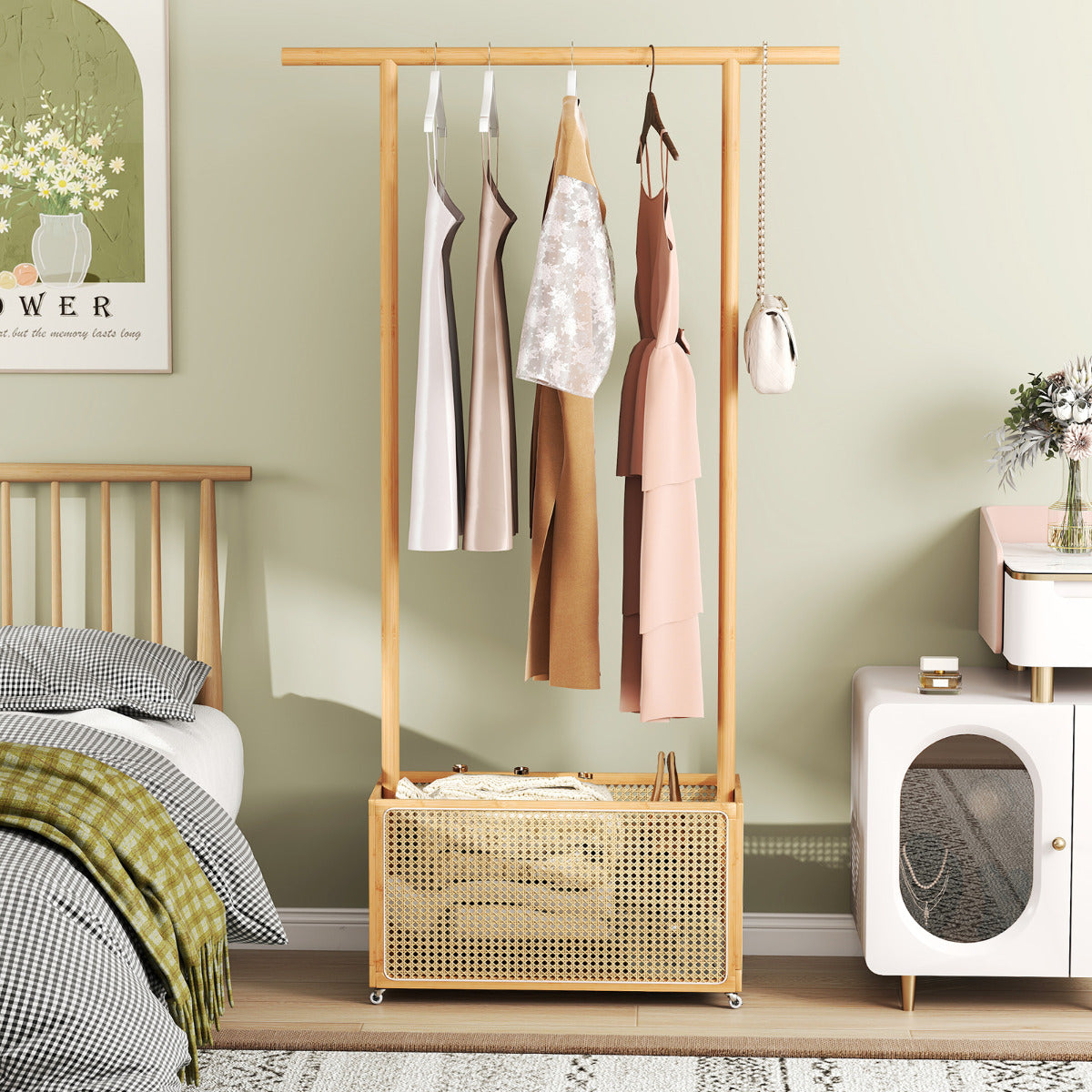 Bamboo Clothes Rack 2-In-1 Clothing Hanging Rail-Brown