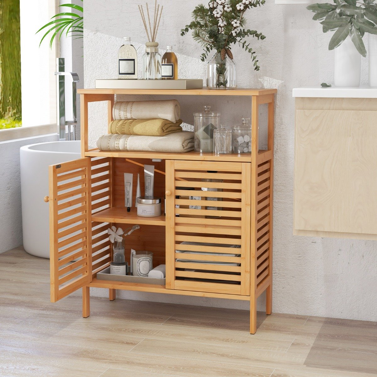 Bamboo Storage Cabinet with Double Louvered Doors-Natural