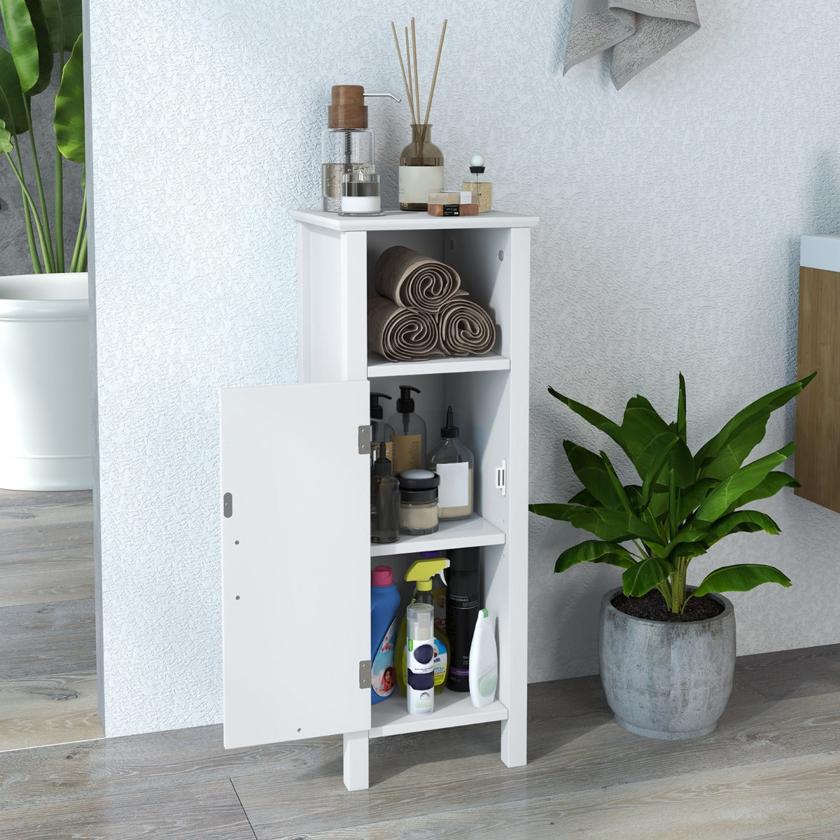 Freestanding Narrow Bathroom Storage Organizer Rack Stand with Door and Adjustable Shelf-Black