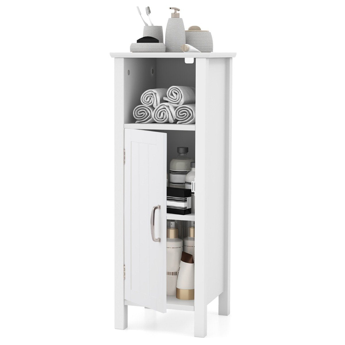 Freestanding Narrow Bathroom Storage Organizer Rack Stand with Door and Adjustable Shelf-Black