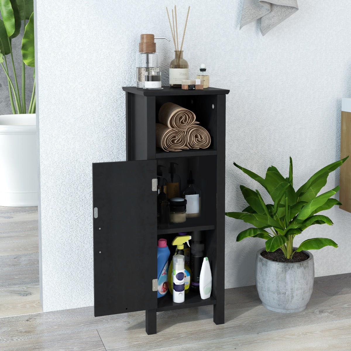 Freestanding Narrow Bathroom Storage Organizer Rack Stand with Door and Adjustable Shelf-Black