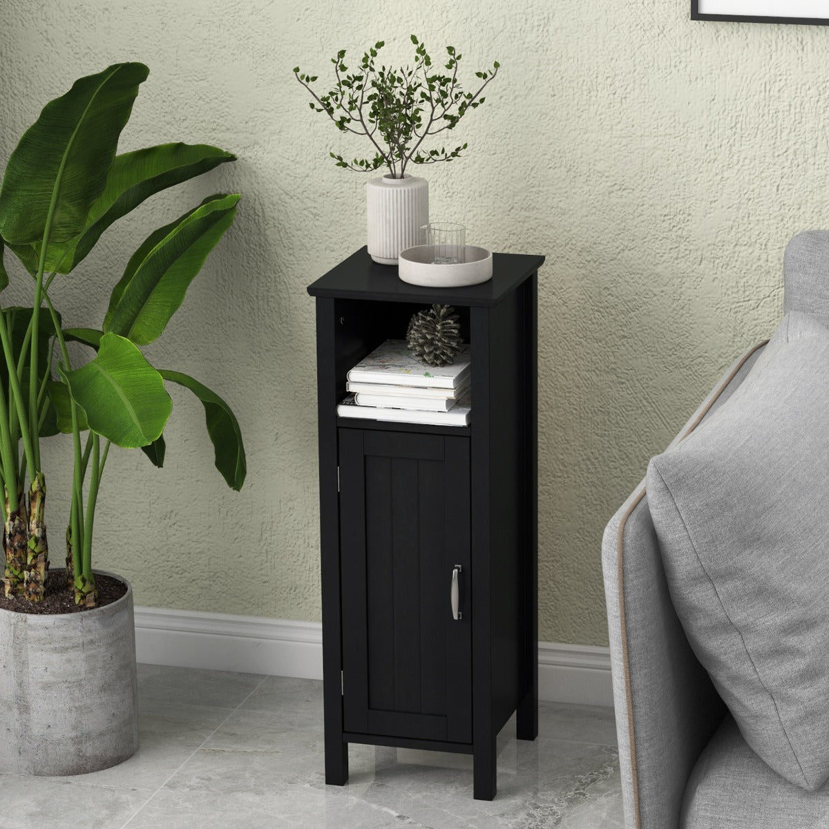 Freestanding Narrow Bathroom Storage Organizer Rack Stand with Door and Adjustable Shelf-Black