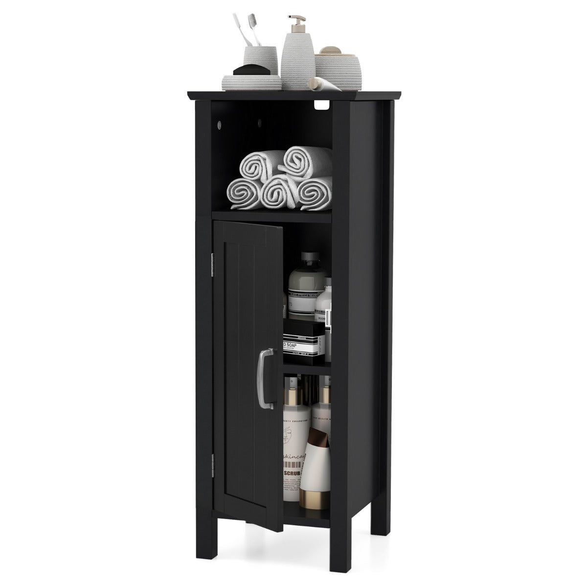 Freestanding Narrow Bathroom Storage Organizer Rack Stand with Door and Adjustable Shelf-Black