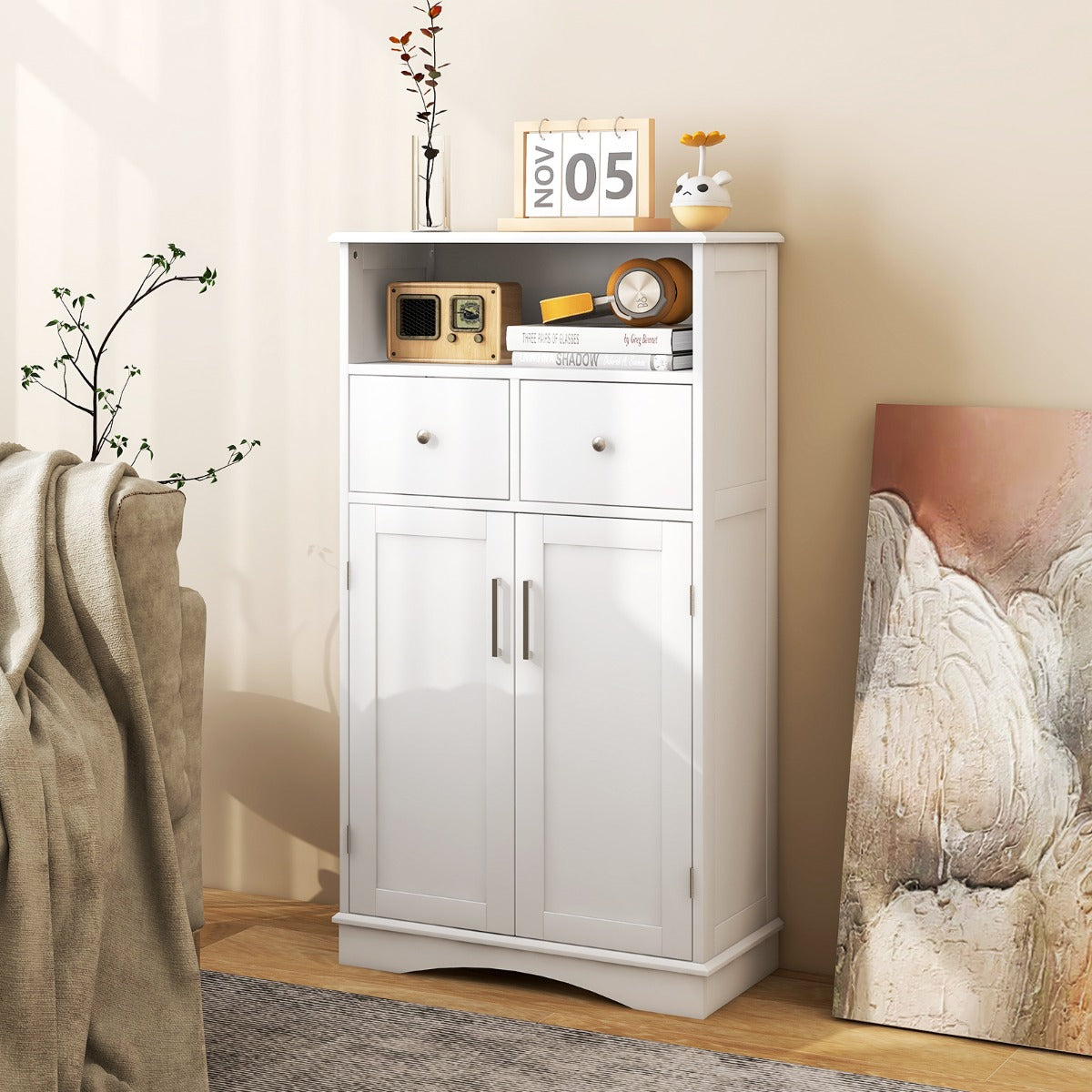 Bathroom Floor Cabinet with 2 Doors and 2 Adjustable Shelves for Bathroom-White