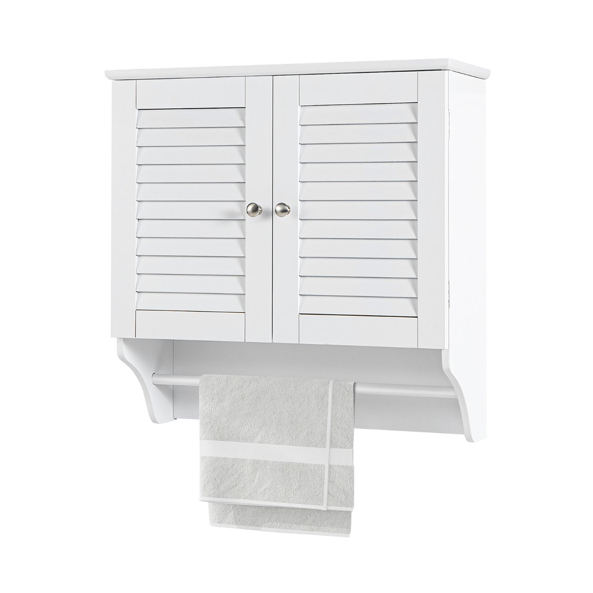 Wall Mounted Double Louvered Doors Storage Cabinet with Height Adjustable Shelf and Towels Bar-White