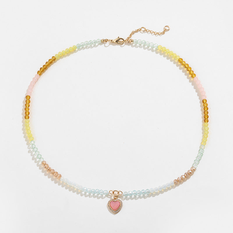 Summer Colorful Beaded Female Acrylic Copper Inlaid Zirconium Candy Color Heart Peach Necklace