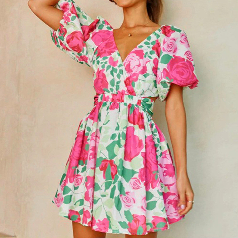 Women's V-Neck Cutout Backless Lantern Sleeve Dress