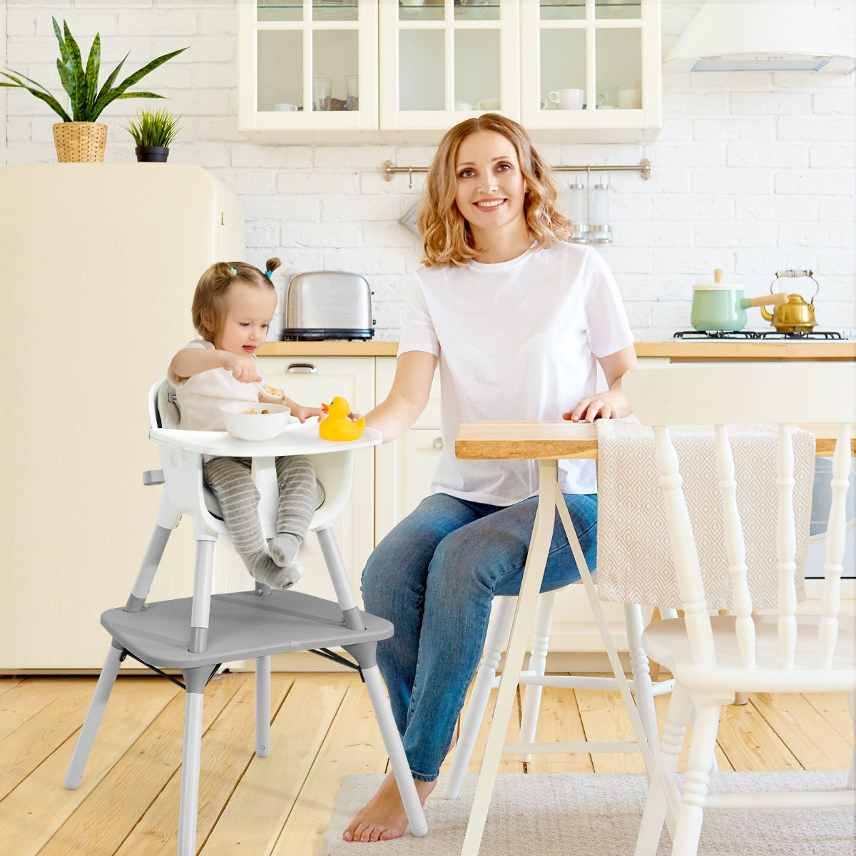 convertible Baby High Chair with 2-Position Removable Tray-Beige