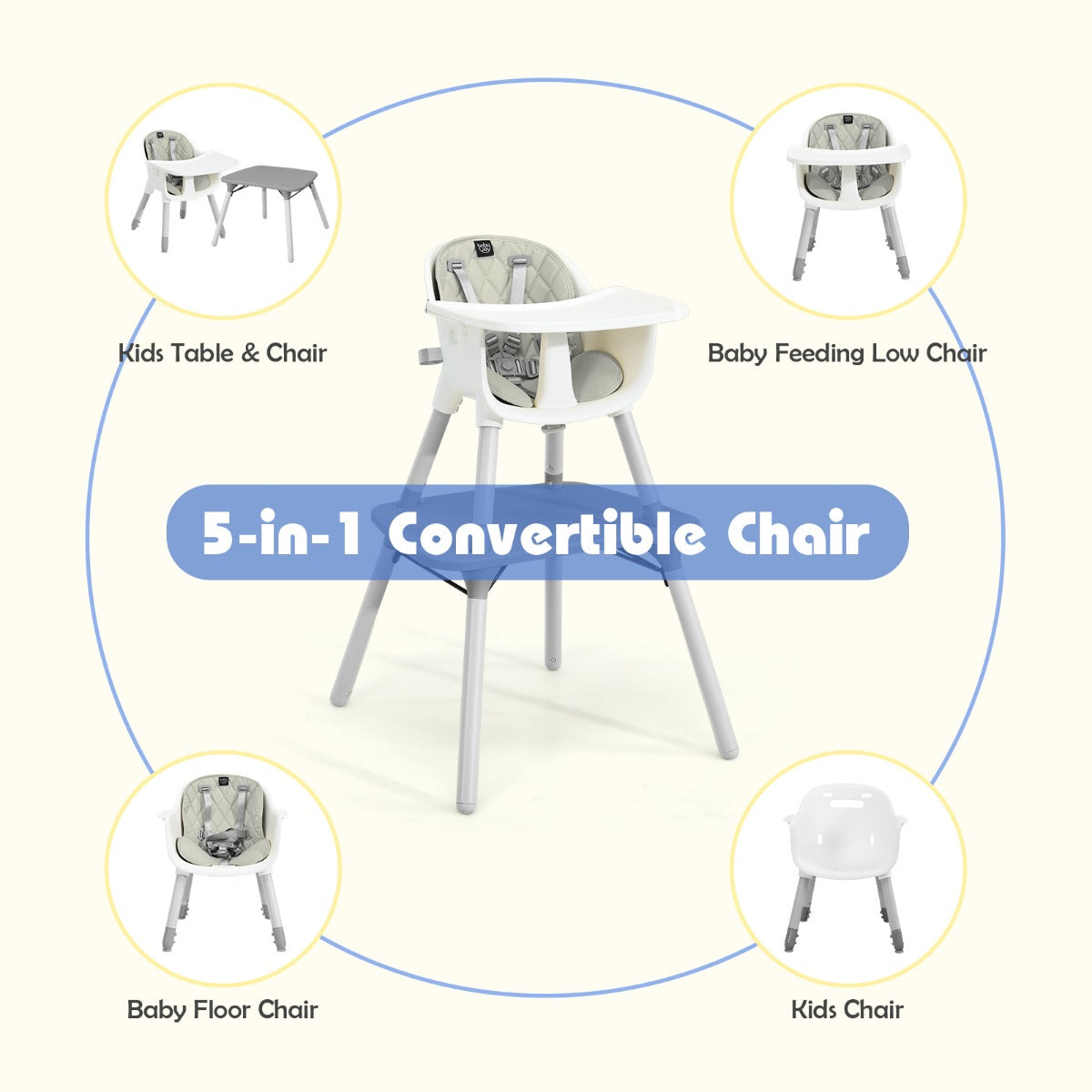 convertible Baby High Chair with 2-Position Removable Tray-Beige