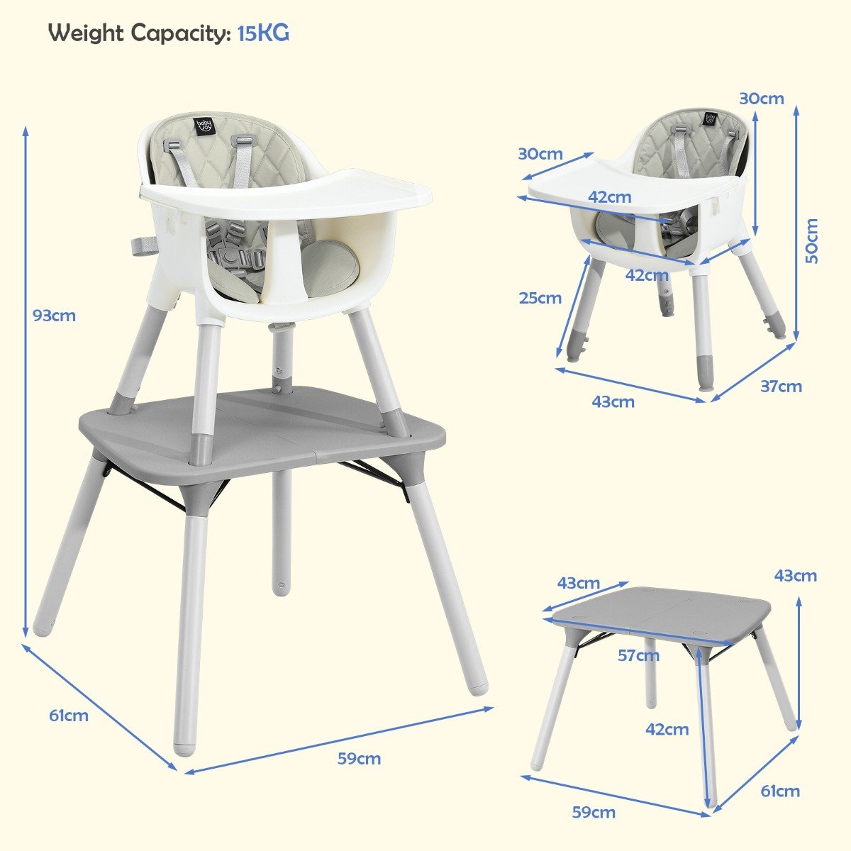 convertible Baby High Chair with 2-Position Removable Tray-Beige