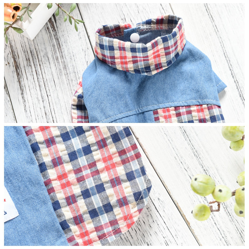 Teddy Dog Summer Plaid Stitching Shirt