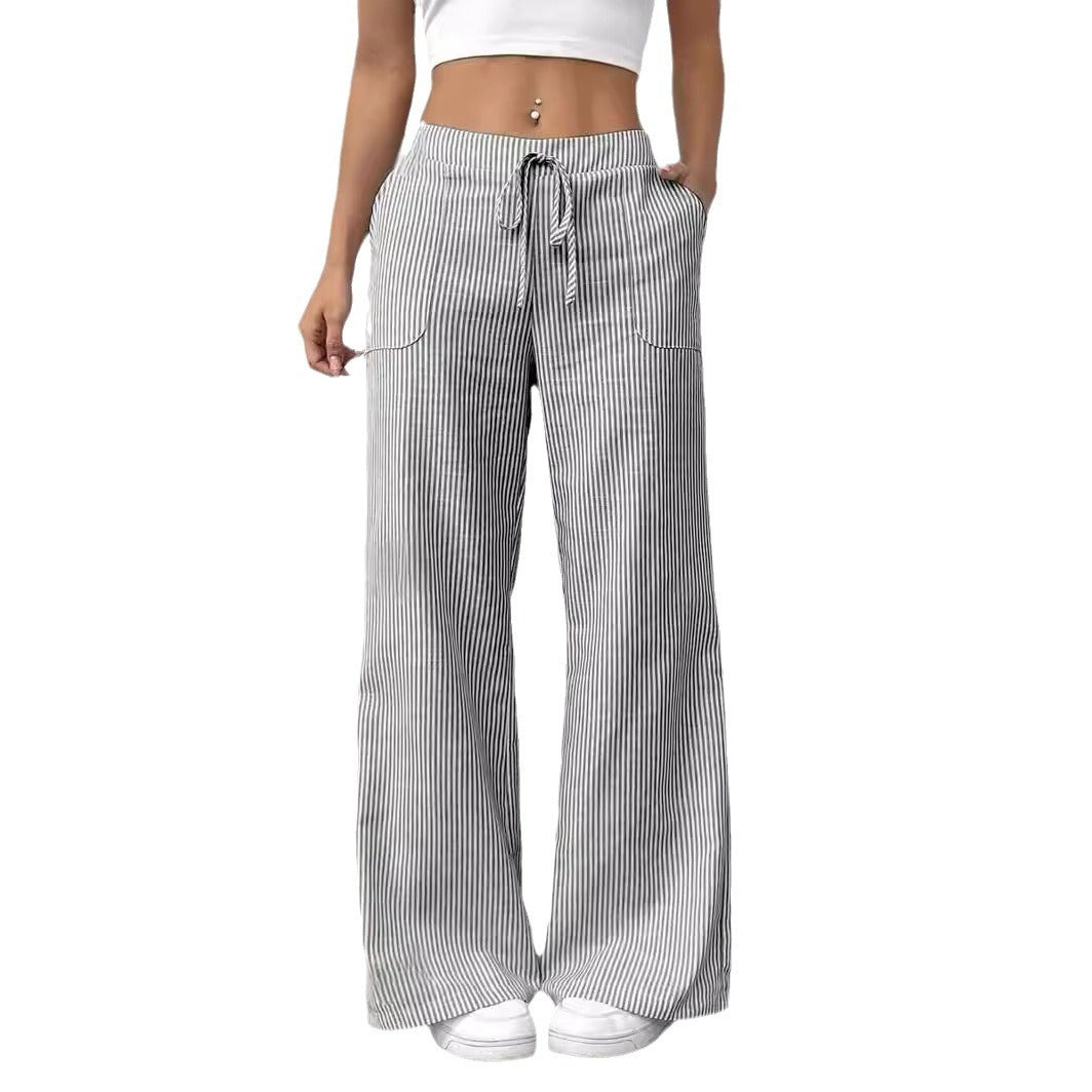 New Striped Trousers With Pockets Casual Versatile Loose Wide Leg Pants Women's Clothing
