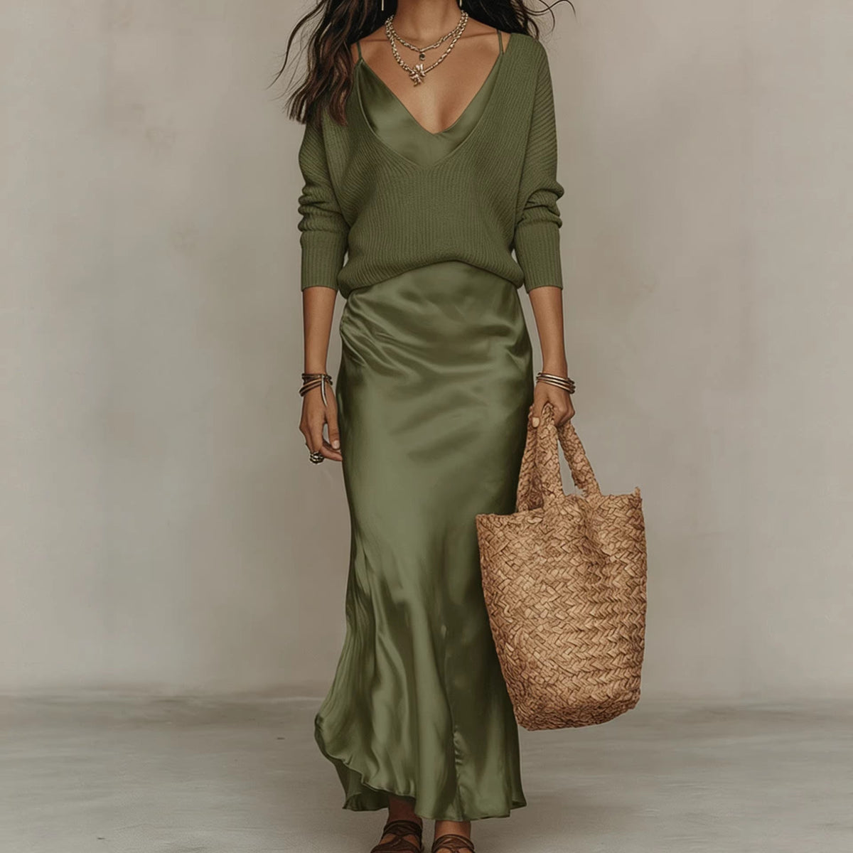 Womens Solid-Color V-Neck Knitted Sweater And Satin Dress Set