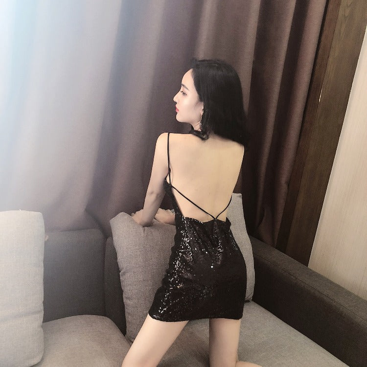 Ashion And Simplicity Black Sequin Backless Mini Dress