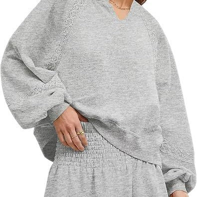 Women's Casual Lace Lantern Long Sleeve Solid Color Loose Top