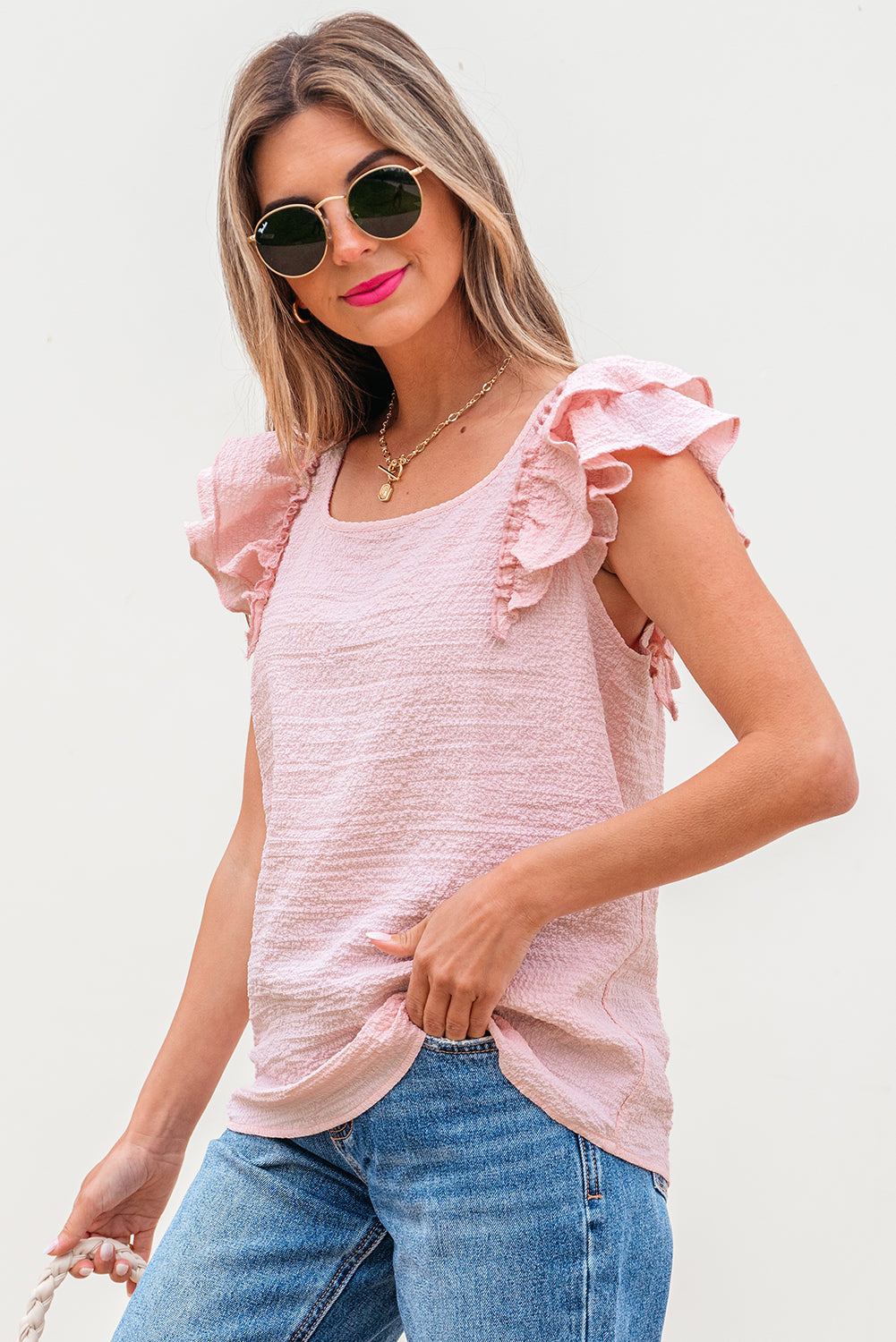 Gossamer Pink Textured Bow Knot Frilled Butterfly Sleeve Blouse