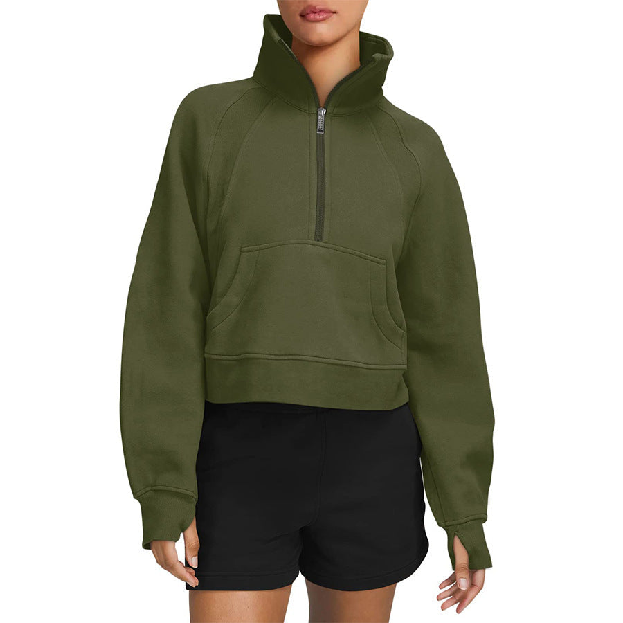 Autumn And Winter Fleece Sweater Half Zipper Coat Stand Collar Pocket European And American Style Women Sweater