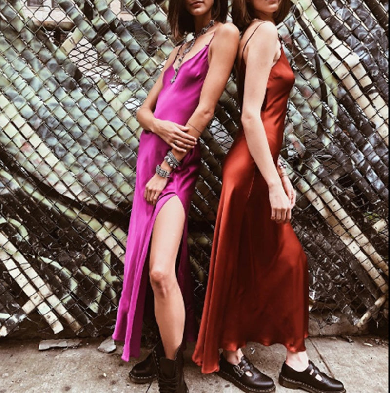 Sexy Women Satin V Neck Maxi Backless Side Split Long Dress