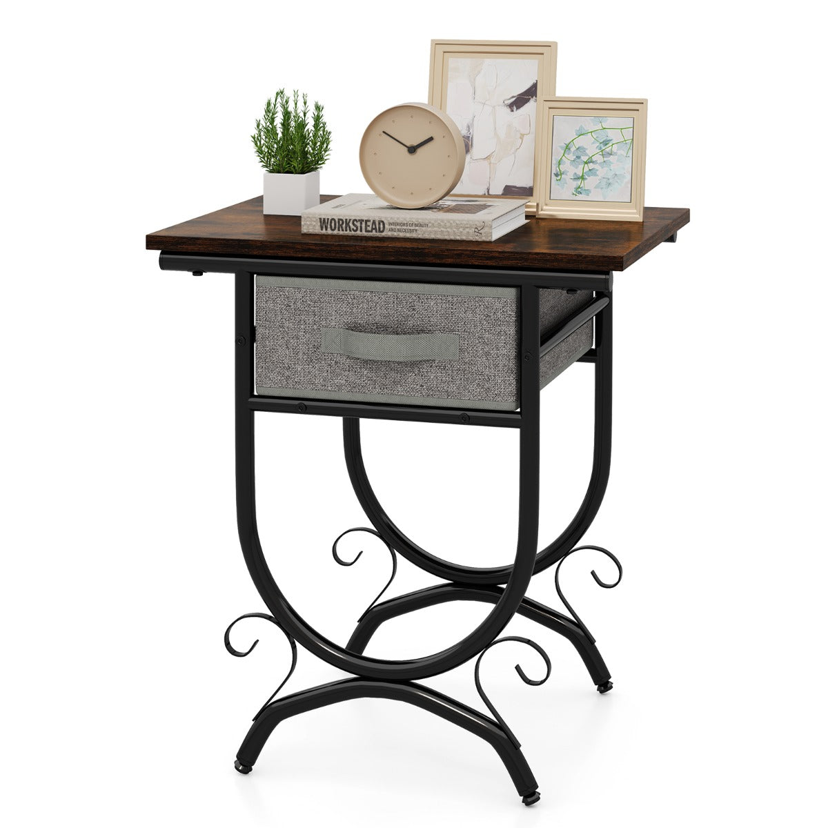 2-Tier Industrial Bedside Table with Fabric Drawer and Wood Top