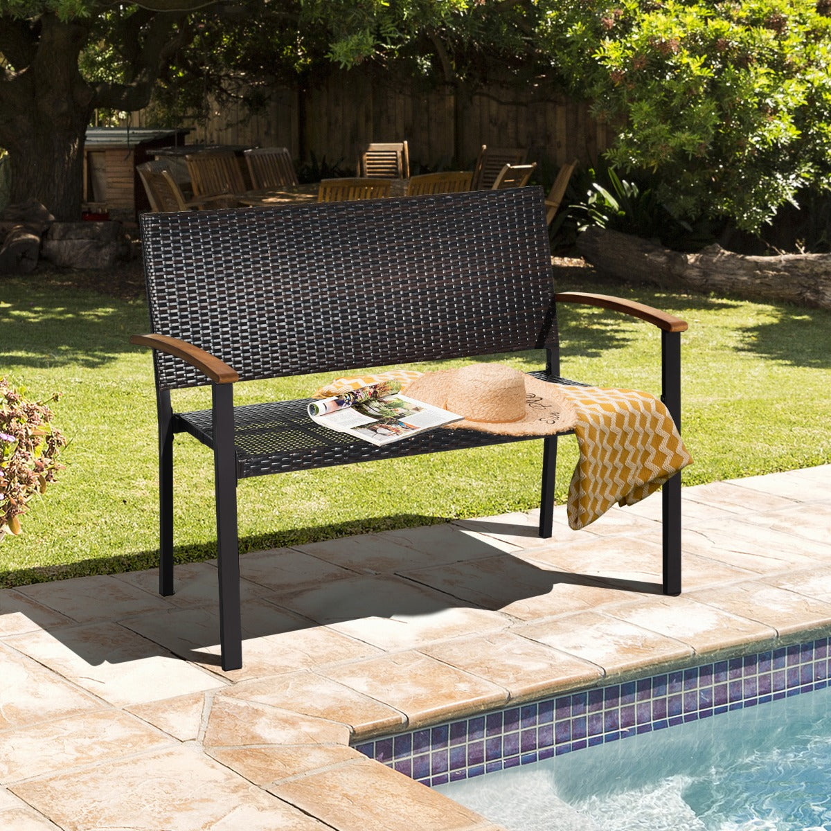 2-Person Outdoor Garden Stackable Bench with Acacia Wood Armrests