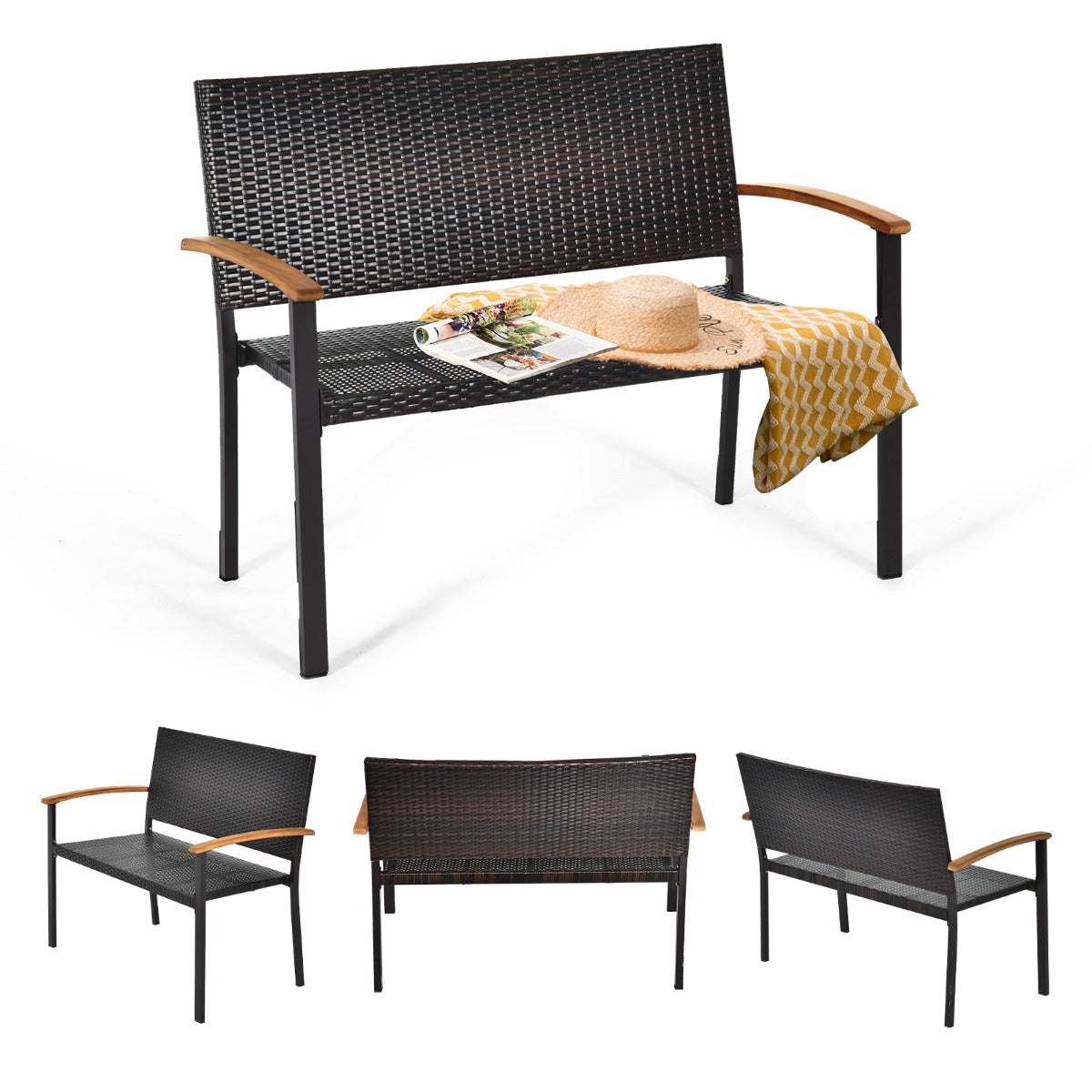 2-Person Outdoor Garden Stackable Bench with Acacia Wood Armrests