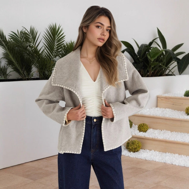 Elegant Warm Short Contrast Color Loose Design Cardigan Coat
