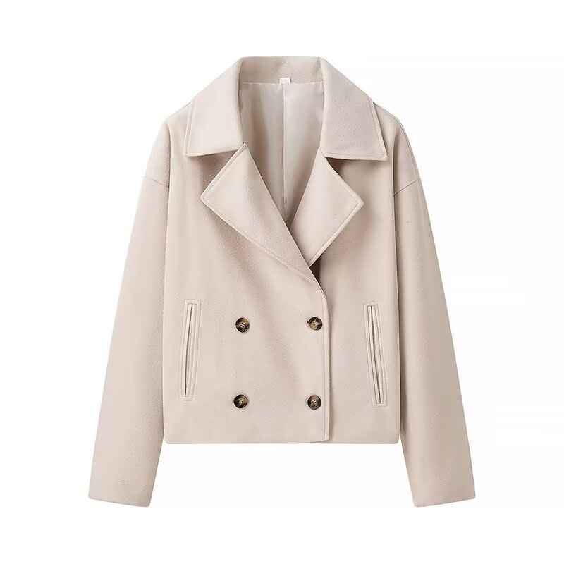 French Style Lapel Double Breasted Short Woolen Casual Loose Jacket Coat