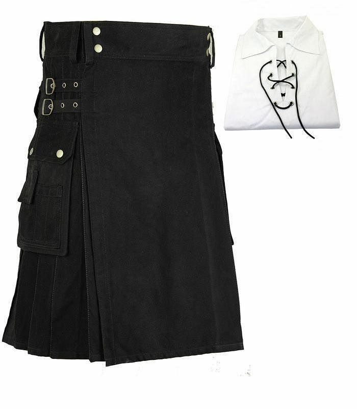 Black Colour utility Cargo Kilt 100% Cotton with  Jacobite Shirt