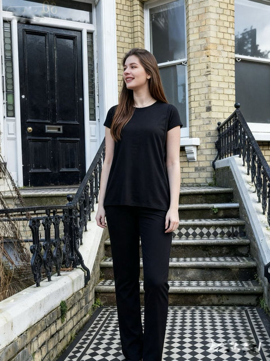 Black Luxurious Cotton Breastfeeding Loungewear Set - Short Sleeve