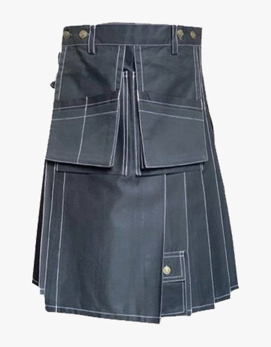 Grey Cargo Working Kilt – Men's Cotton Utility Kilt with Button Fastening