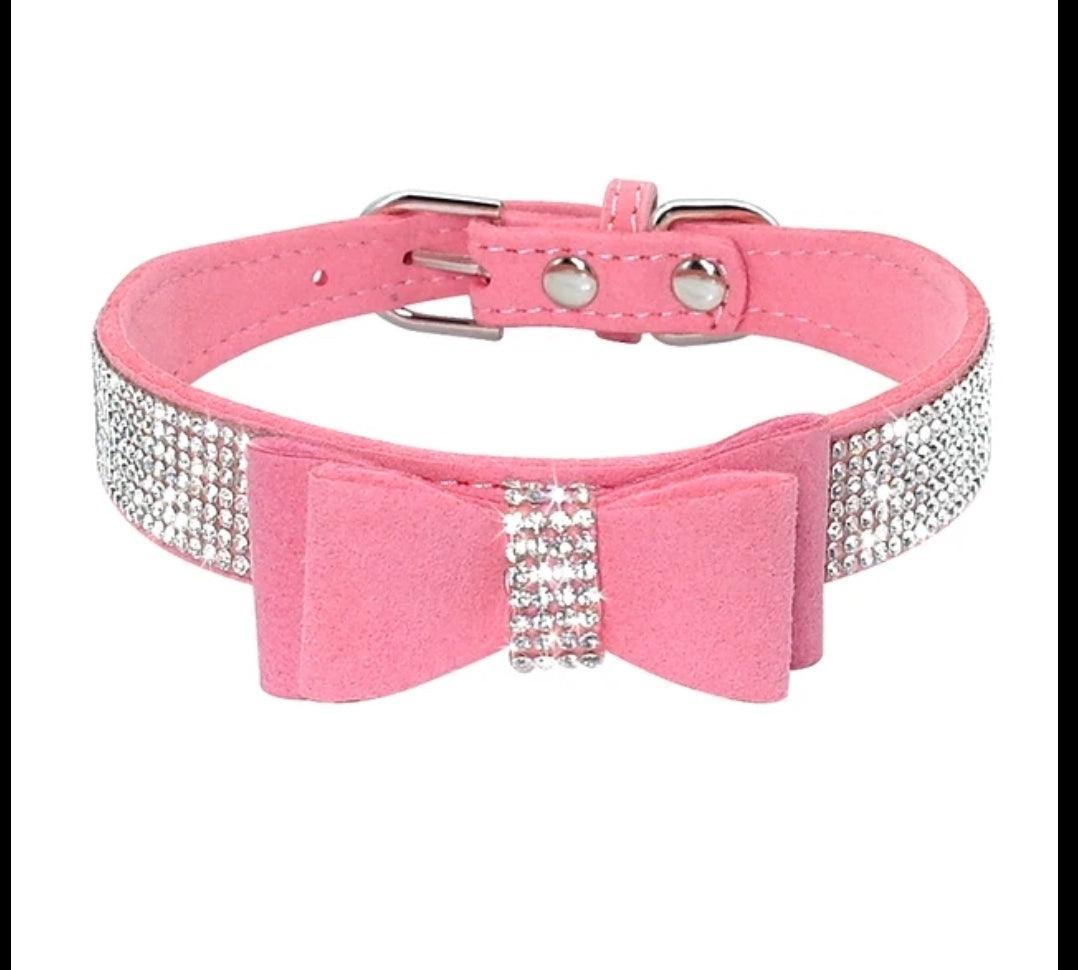Bling Rhinestone Suede Leather Bowknot Dog Collar - CLEARANCE