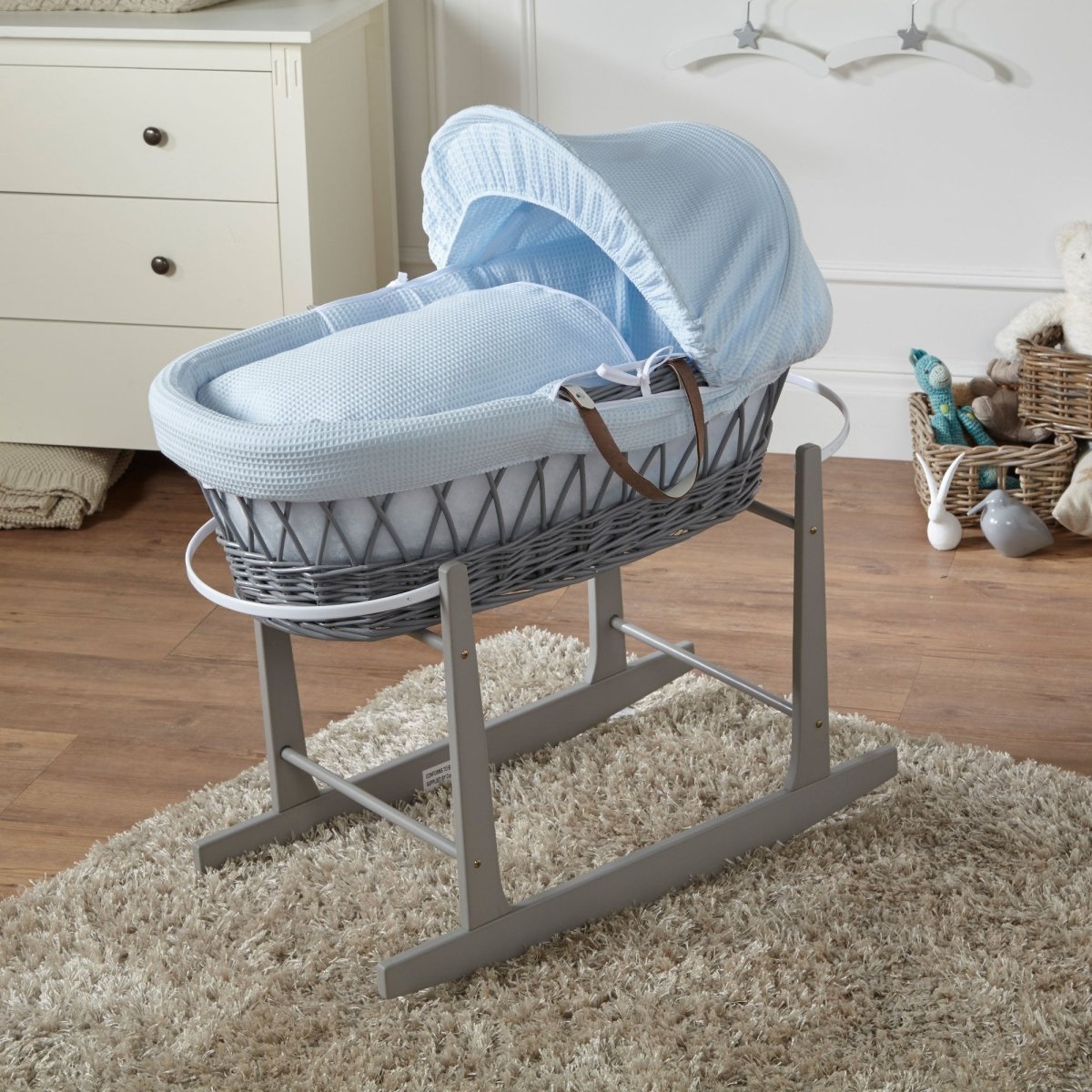 Cesto Moisés de mimbre gris "Blue Waffle" con soporte - Set completo para dormir de recién nacido