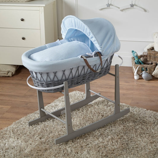 Blue Waffle Grey Wicker Moses Basket with Stand - Complete Newborn Sleep Set