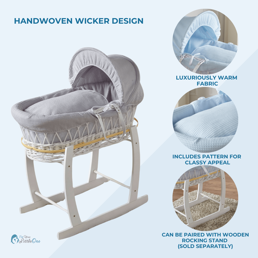 Cesto Moisés de mimbre gris "Blue Waffle" con soporte - Set completo para dormir de recién nacido