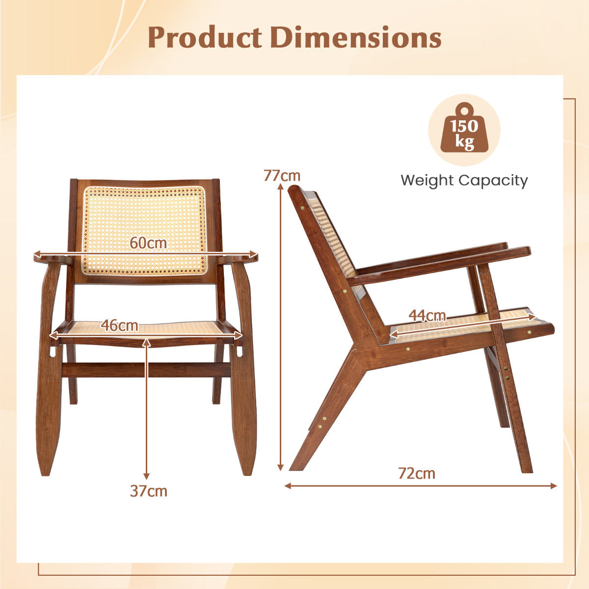 Boho Rattan Accent Chair with Solid Bamboo Wood-Walnut