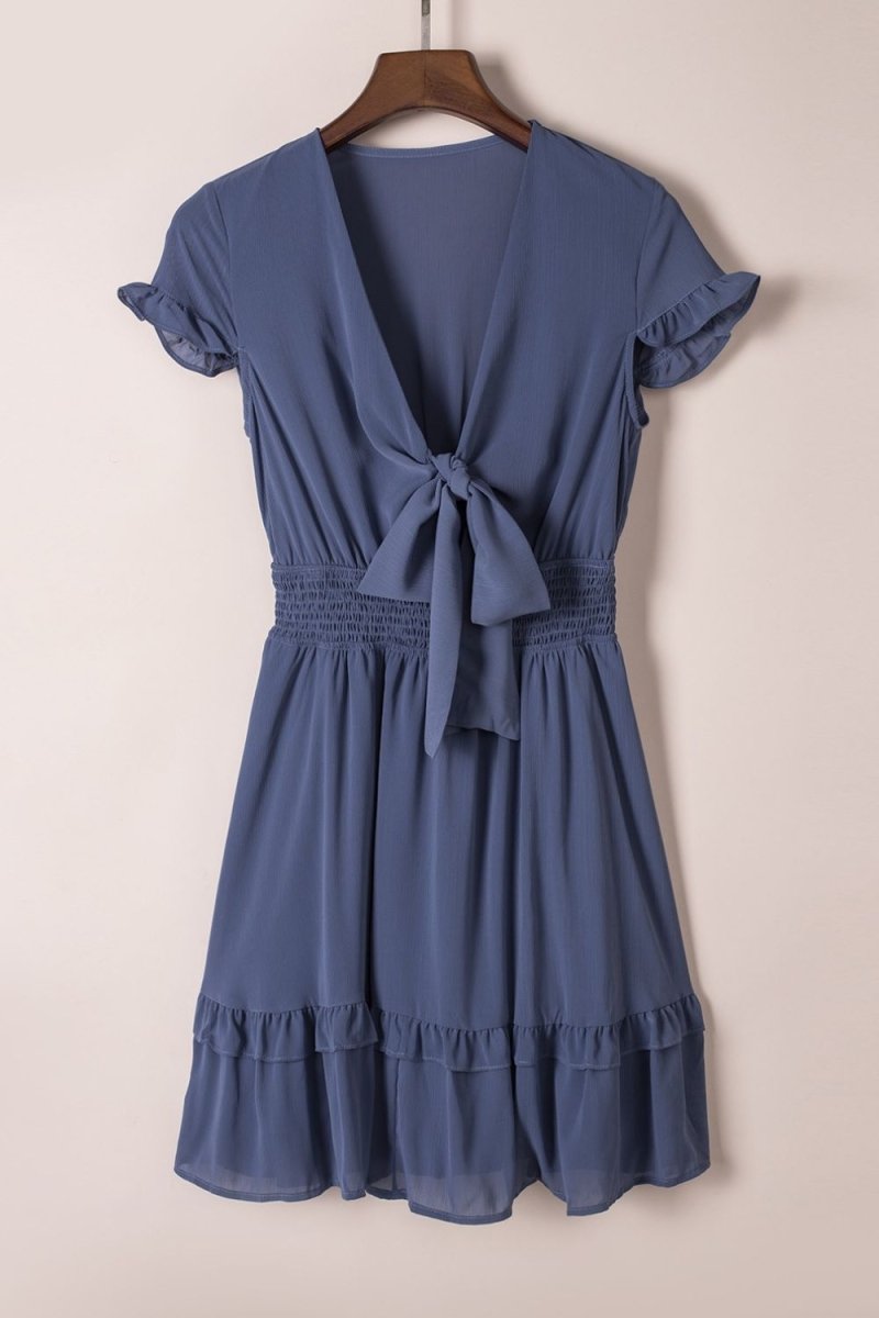 Bow-Tie V-Neck Ruffle Hem Mini Dress